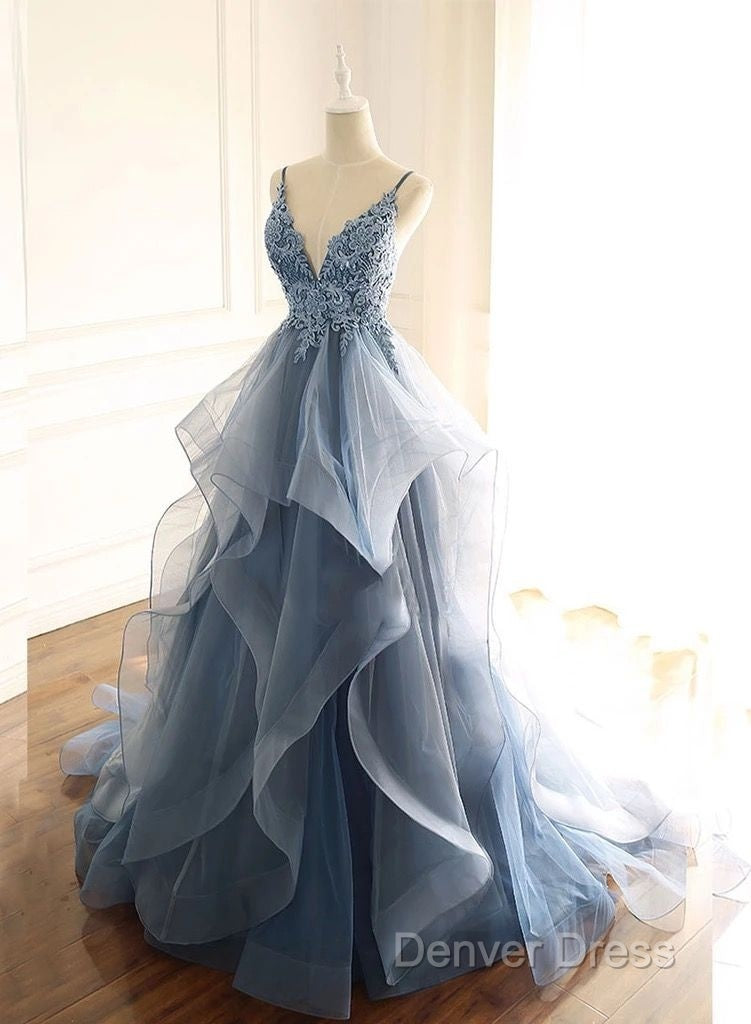 Tulle Long Prom Dresses With Spaghetti Straps And Ruffled Floor Length Skirt