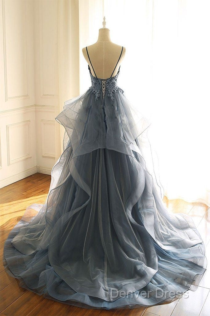 Tulle Long Prom Dresses With Spaghetti Straps And Ruffled Floor Length Skirt