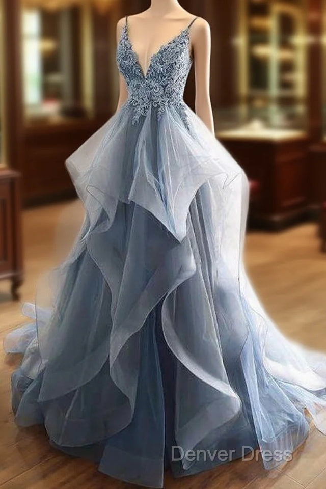 Tulle Long Prom Dresses With Spaghetti Straps And Ruffled Floor Length Skirt Main image