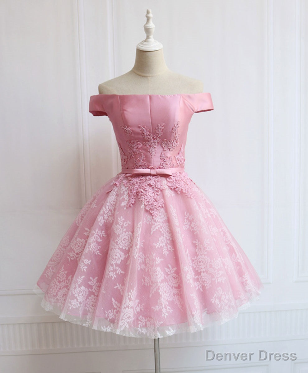 Tulle Of Shoulder Lace Short Pink Prom Dress Lace Homecoming Dress Main image