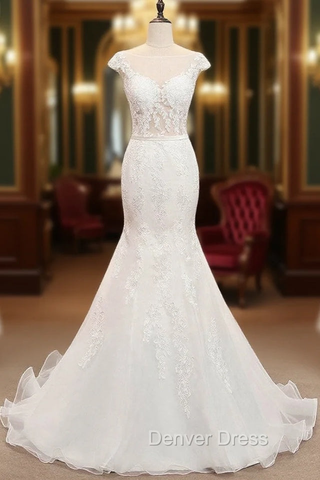 Tulle & Organza Bateau Mermaid Wedding Dresses With Lace Appliques & Belt Main image