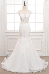 Tulle & Organza Bateau Mermaid Wedding Dresses With Lace Appliques & Belt