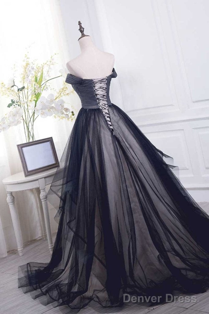 Tulle Pleats Black Off The Shoulder Long Prom Dress Secondary image