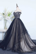 Tulle Pleats Black Off The Shoulder Long Prom Dresses