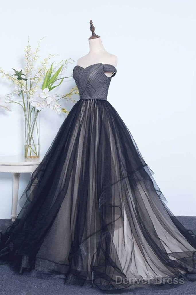 Tulle Pleats Black Off The Shoulder Long Prom Dresses