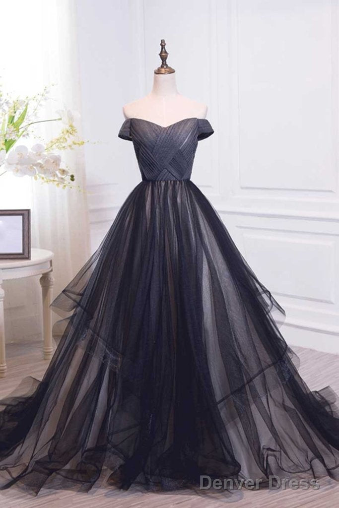 Tulle Pleats Black Off The Shoulder Long Prom Dress Main image