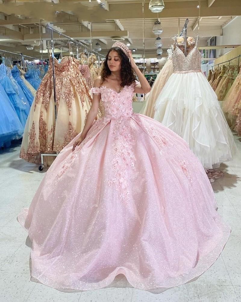 Tulle Princess Off Shoulder Long Prom Dress, Long Strapless Pink Flower Appliqu¨¦S Prom Dresses