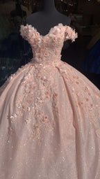 Tulle Princess Off Shoulder Long Prom Dress, Long Strapless Pink Flower Appliqu¨¦S Prom Dresses