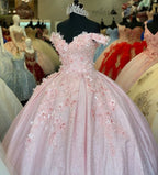 Tulle Princess Off Shoulder Long Prom Dress, Long Strapless Pink Flower Appliqu¨¦S Prom Dresses