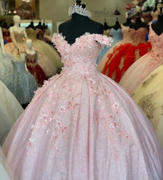 Tulle Princess Off Shoulder Long Prom Dress, Long Strapless Pink Flower Appliqu¨¦S Prom Dresses