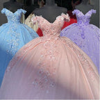 Tulle Princess Off Shoulder Long Prom Dress, Long Strapless Pink Flower Appliqu¨¦S Prom Dresses