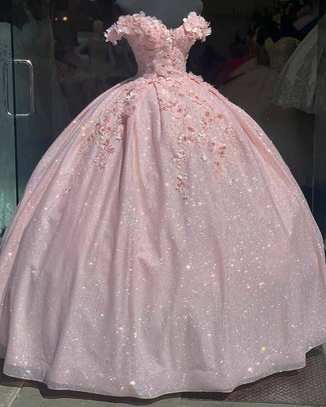 Tulle Princess Off Shoulder Long Prom Dress, Long Strapless Pink Flower Appliqu¨¦S Prom Dresses Main image
