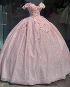 Tulle Princess Off Shoulder Long Prom Dress, Long Strapless Pink Flower Appliqu¨¦S Prom Dresses