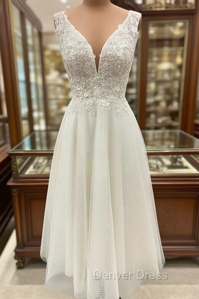 Tulle Prom Dresses A-line Tea-Length With Appliqued Glitter