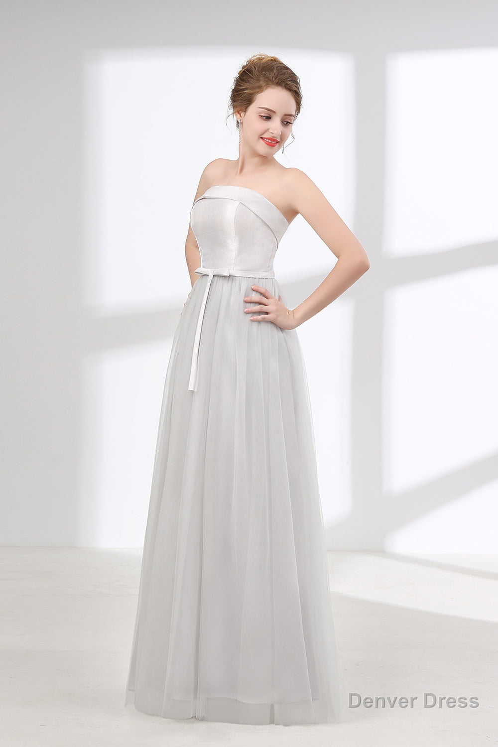 Tulle & Satin Strapless Neckline A Line Bridesmaid Dresses With Bowknot