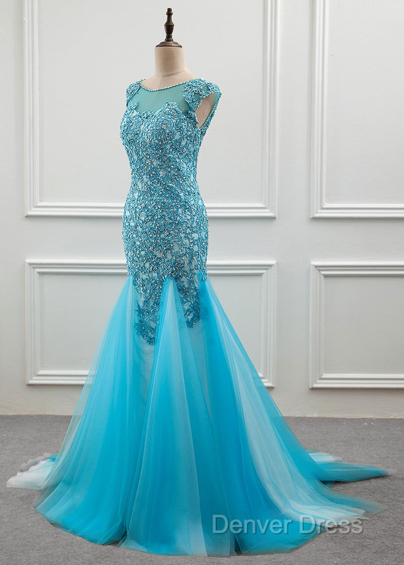 Tulle Scoop Mermaid Prom Dresses With Beaded Lace Appliques
