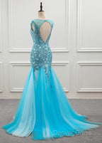 Tulle Scoop Mermaid Prom Dresses With Beaded Lace Appliques