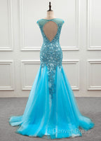 Tulle Scoop Mermaid Prom Dresses With Beaded Lace Appliques