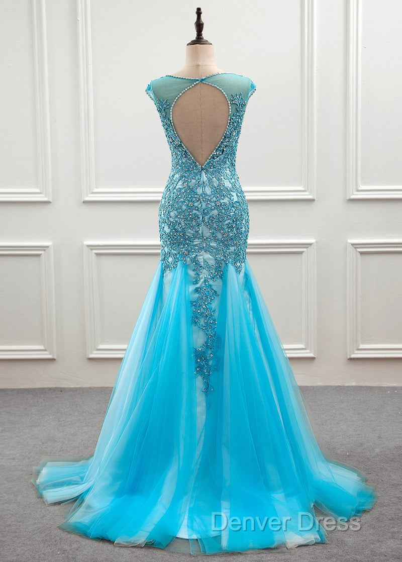 Tulle Scoop Mermaid Prom Dresses With Beaded Lace Appliques