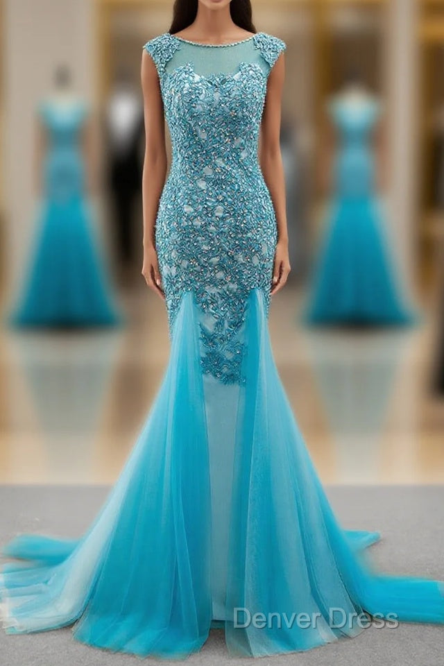 Tulle Scoop Mermaid Evening Dresses With Beaded Lace Appliques Main image
