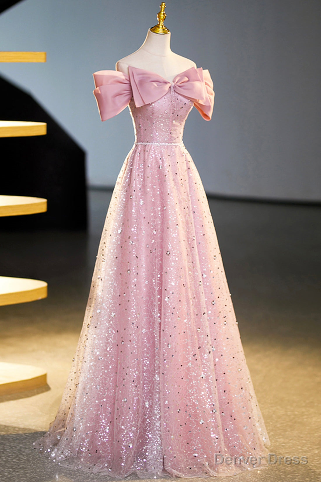 Tulle Sequins Long Prom Dress, Pink Off Shoulder Prom Dresses