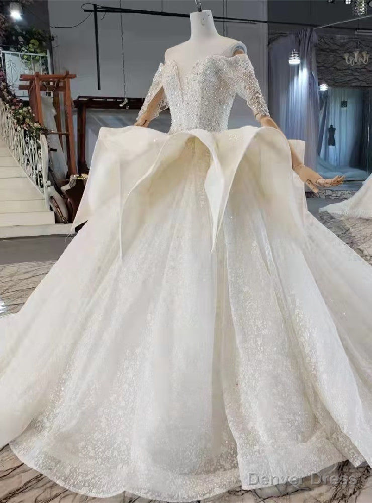Tulle Sequins Short Sleeve Beading Wedding Dresses