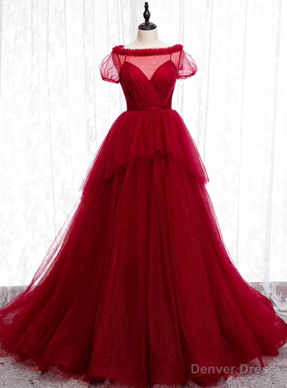 Tulle Short Sleeve Pleats Backless Burgundy Prom Dress Main image