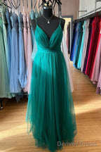 Tulle Skirt Dark Blue Prom Dresses With V Neckline