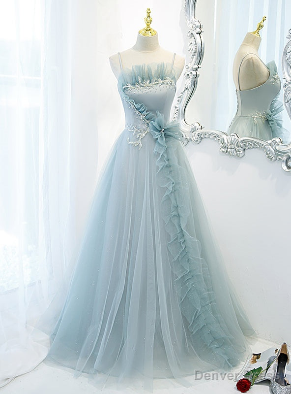 Tulle Spaghetti Straps Beading Prom Dresses Main image