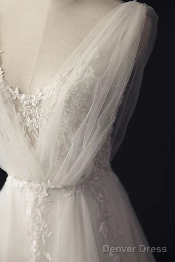 Tulle Sweep Train Appliques Lace Wedding Dresses