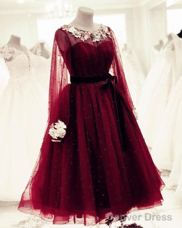 Tulle Tea Length Prom Dresses Long Sleeves Embroidery Beaded Secondary image