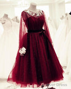 Tulle Tea Length Prom Dresses Long Sleeves Embroidery Beaded