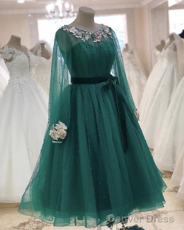 Tulle Tea Length Evening Dress Long Sleeves Embroidery Beaded