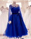 Tulle Tea Length Evening Dress Long Sleeves Embroidery Beaded