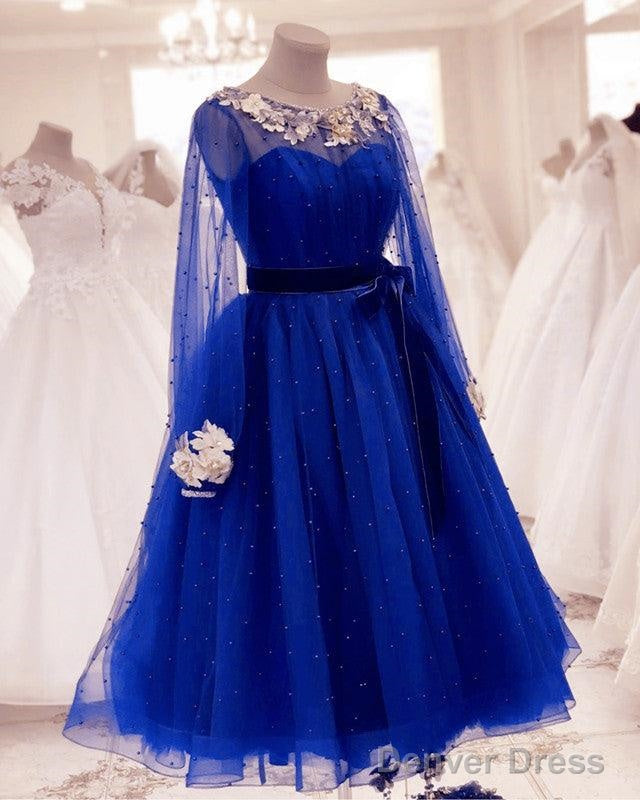Tulle Tea Length Prom Dresses Long Sleeves Embroidery Beaded Main image