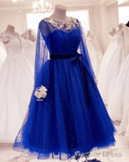 Tulle Tea Length Prom Dresses Long Sleeves Embroidery Beaded