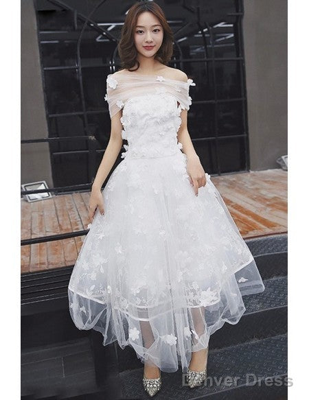 Tulle Tea Length Off The Shoulder Wedding Dresses With Flowers Main image