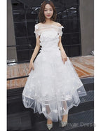 Tulle Tea Length Off The Shoulder Wedding Dresses With Flowers