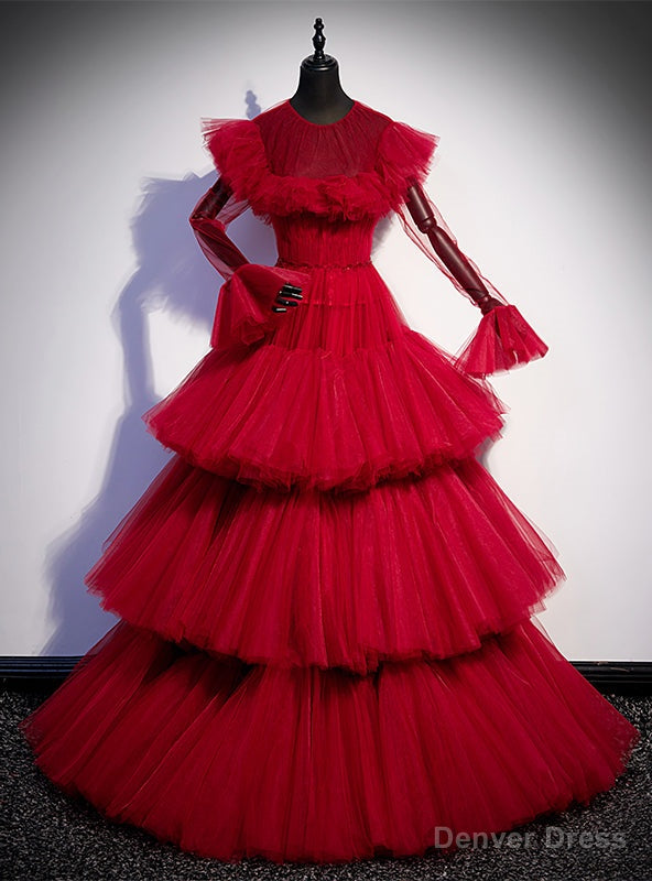 Tulle Tiers Long Sleeve Backless Prom Dresses