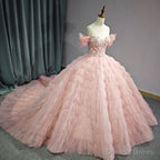 Tulle Tufted Pink Floral Quinceaera Ball Gown Dress