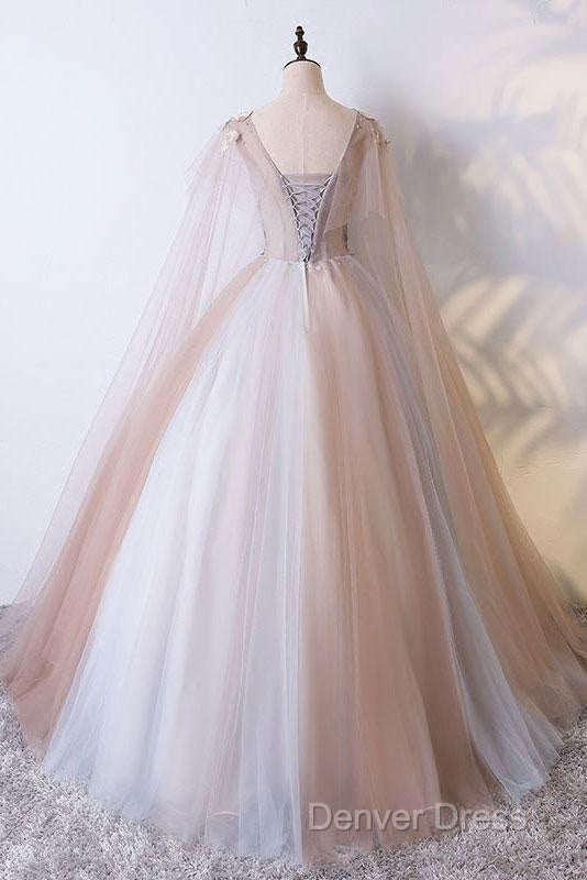 Tulle V Neck Appliques Champagne Long Sleeves Flower Prom Dresses Secondary image