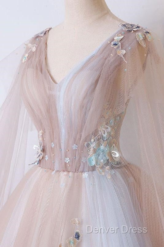 Tulle V Neck Appliques Champagne Long Sleeves Flower Prom Dresses