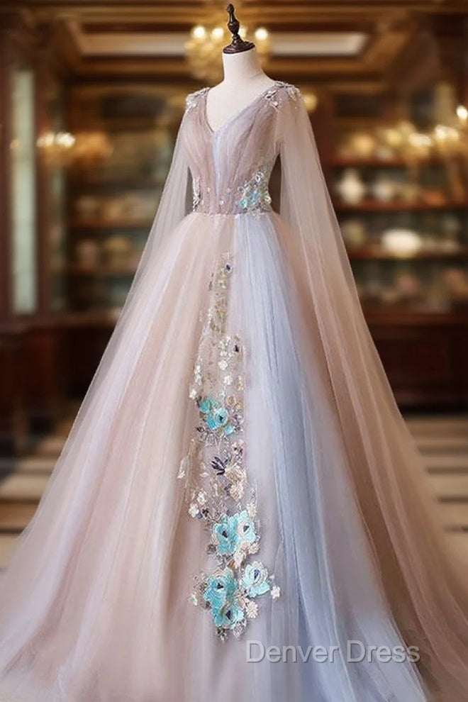 Tulle V Neck Appliques Champagne Long Sleeves Flower Prom Dresses Main image