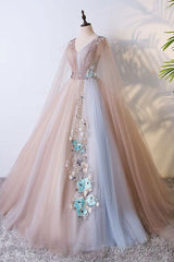 Tulle V Neck Appliques Champagne Long Sleeves Flower Prom Dress