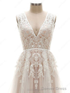 Tulle V Neck Appliques Lace Wedding Dresses