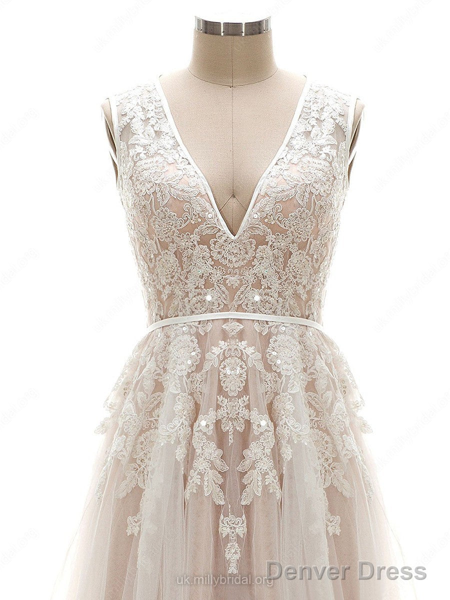 Tulle V Neck Appliques Lace Wedding Dresses