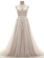 Tulle V-Neck Appliques Lace Wedding Dresses