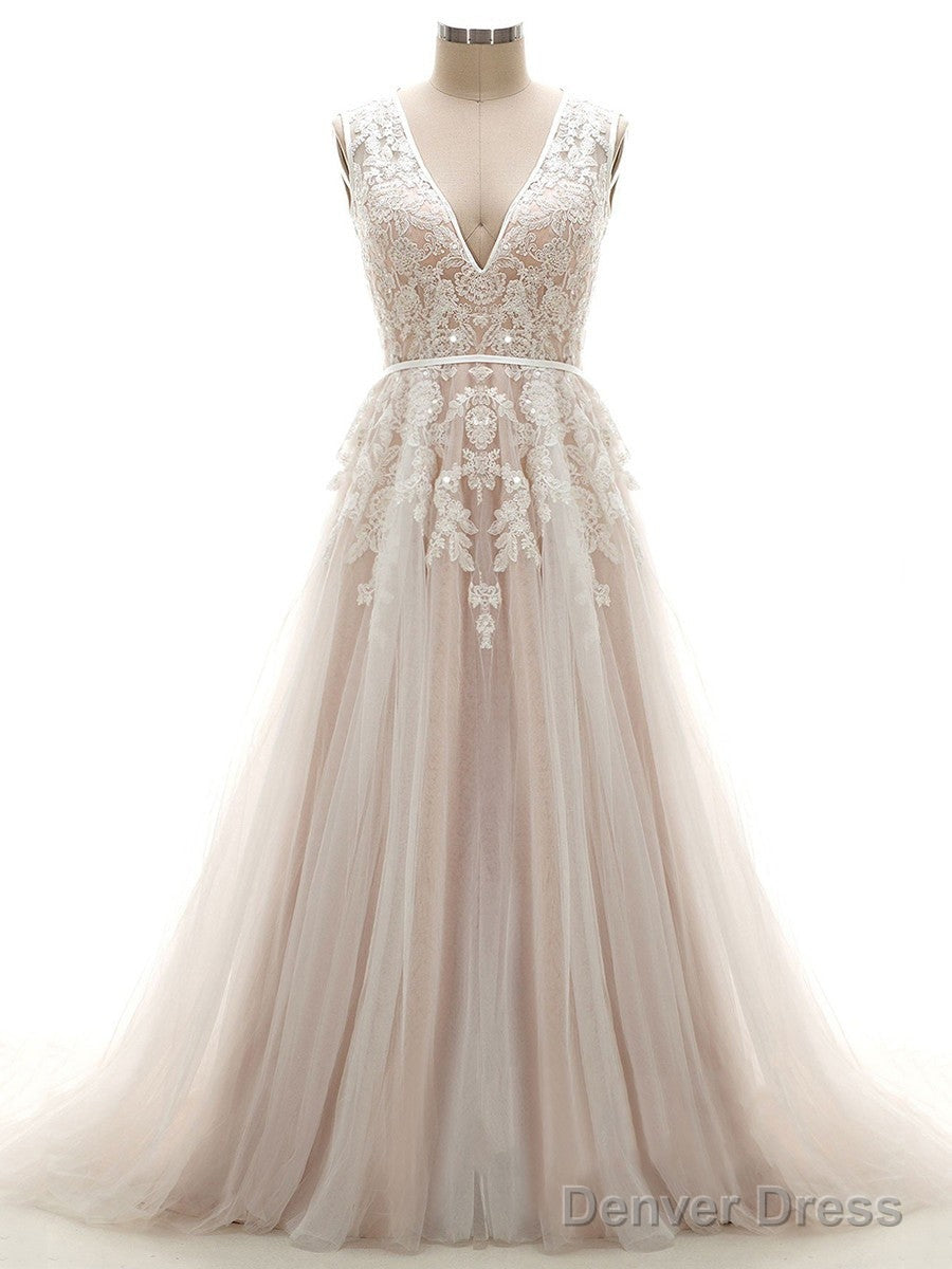 Tulle V Neck Appliques Lace Wedding Dresses Main image