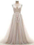 Tulle V Neck Appliques Lace Wedding Dresses