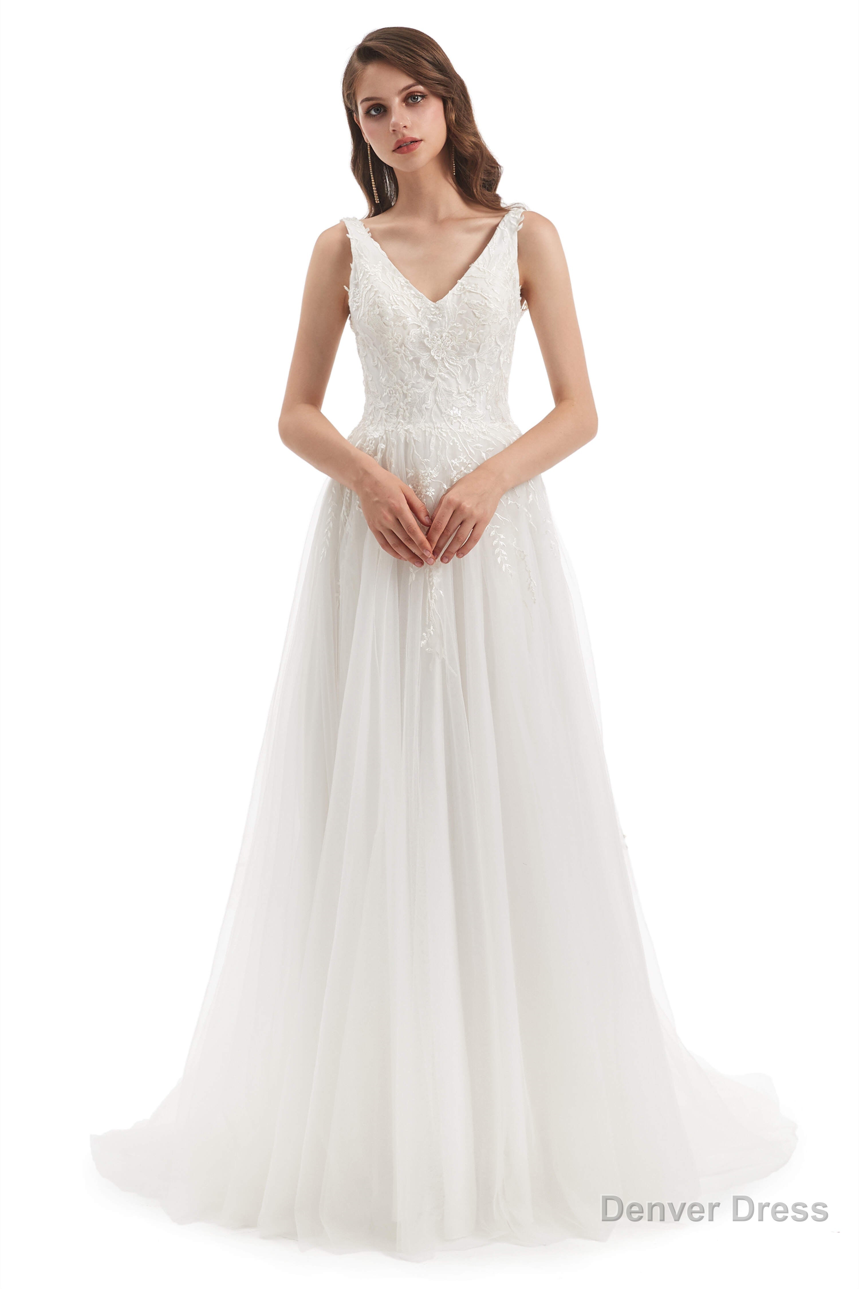 Tulle Lace V Neck Backless Wedding Dresses Main image
